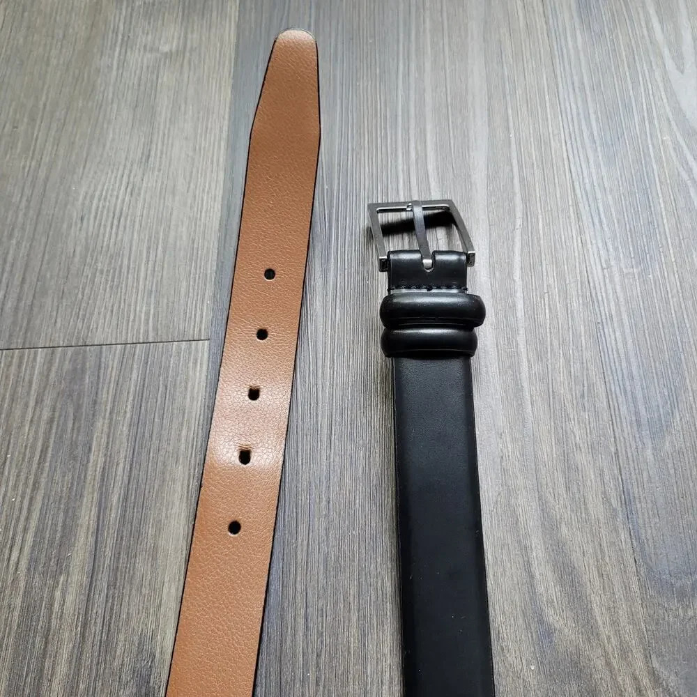 Men's Genuine Leather Belt Size 56 Black Silver Tone Hardware Long Business - Picture 4 of 6
